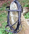 Leather show or trail bridle with contrasting braid.