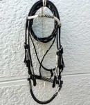 Black and white leather Show Bridle, black and white white trim matching show reins.